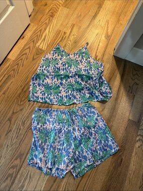 Floral Leaf Print Cami & Shorts Pajama Set - Green & Blue